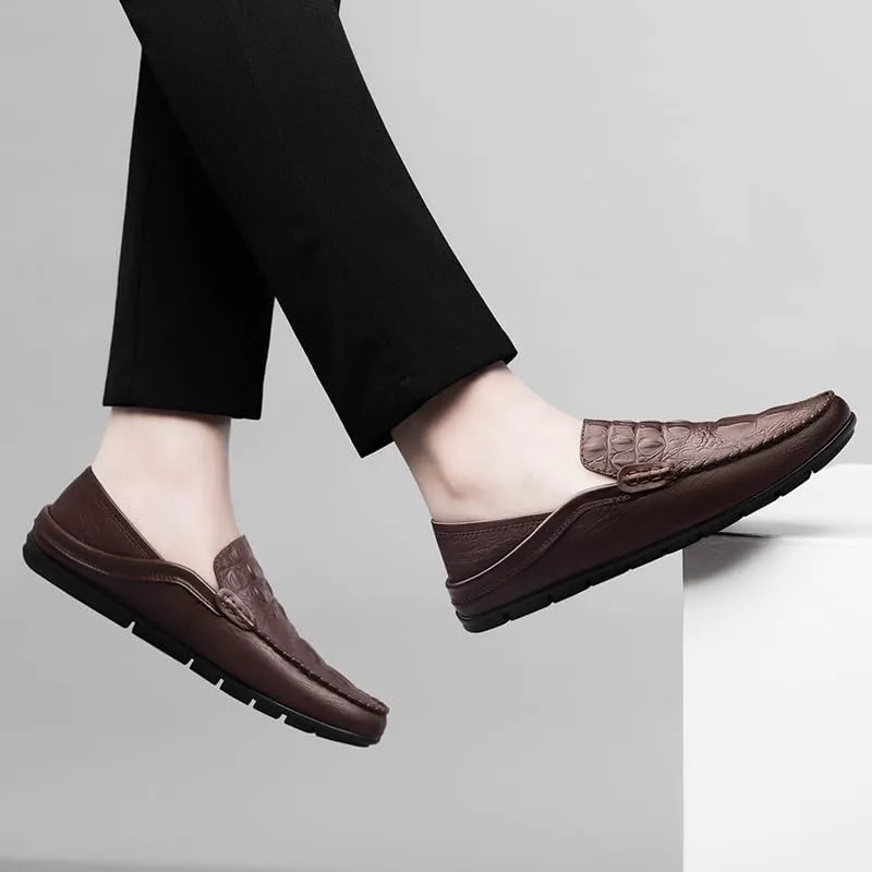 Loafers for Men Round Toe PU Leather Crocodile Print Loafer Shoes Comfortable Lightweight Flat Heel Classic Slip-ons