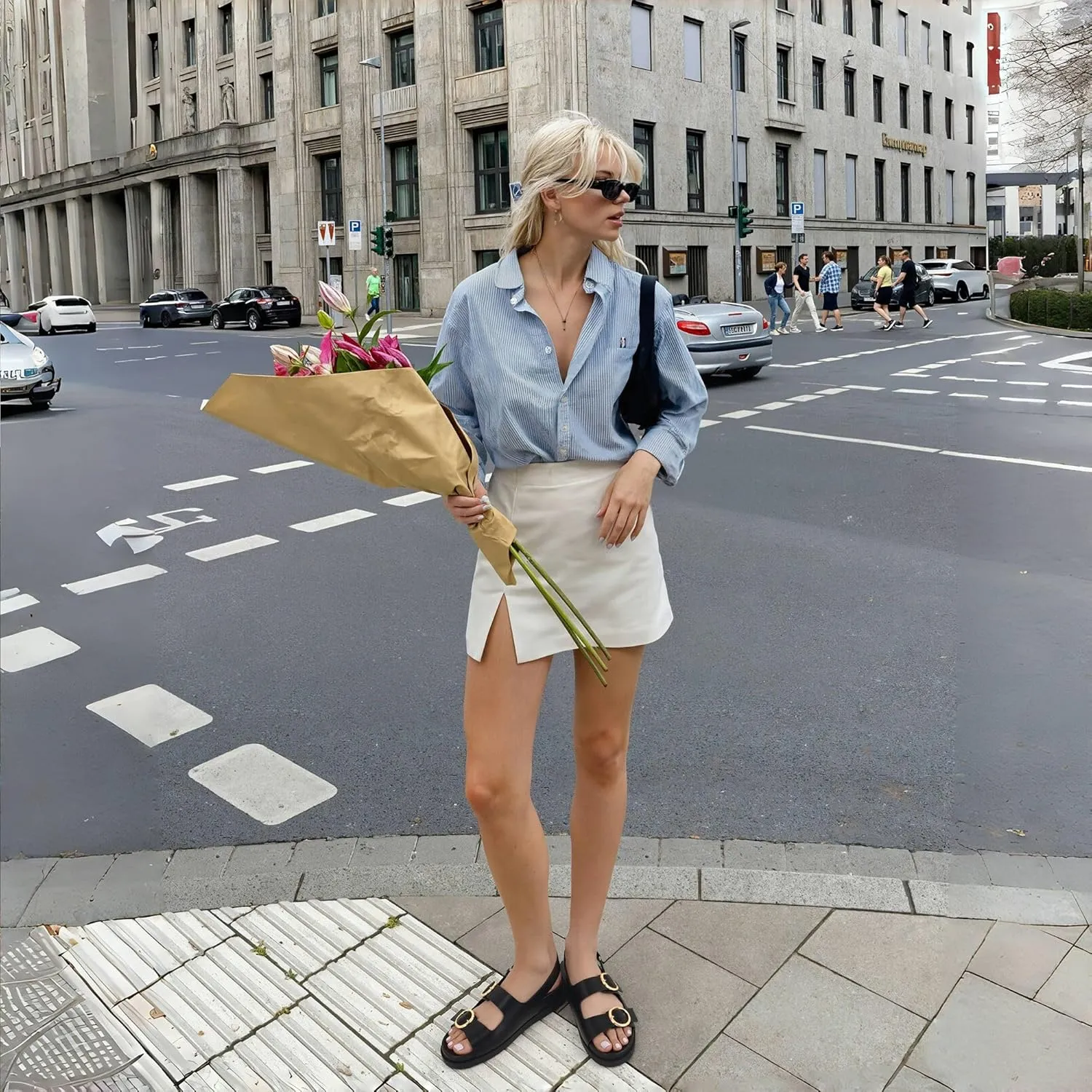 Lovee Cosee Flat Sandals for Women with Cushioned Footbed Open Toe Double Buckle Adjustable Hook-Loop Dress Summer Sandals Casual Beach Pool Party