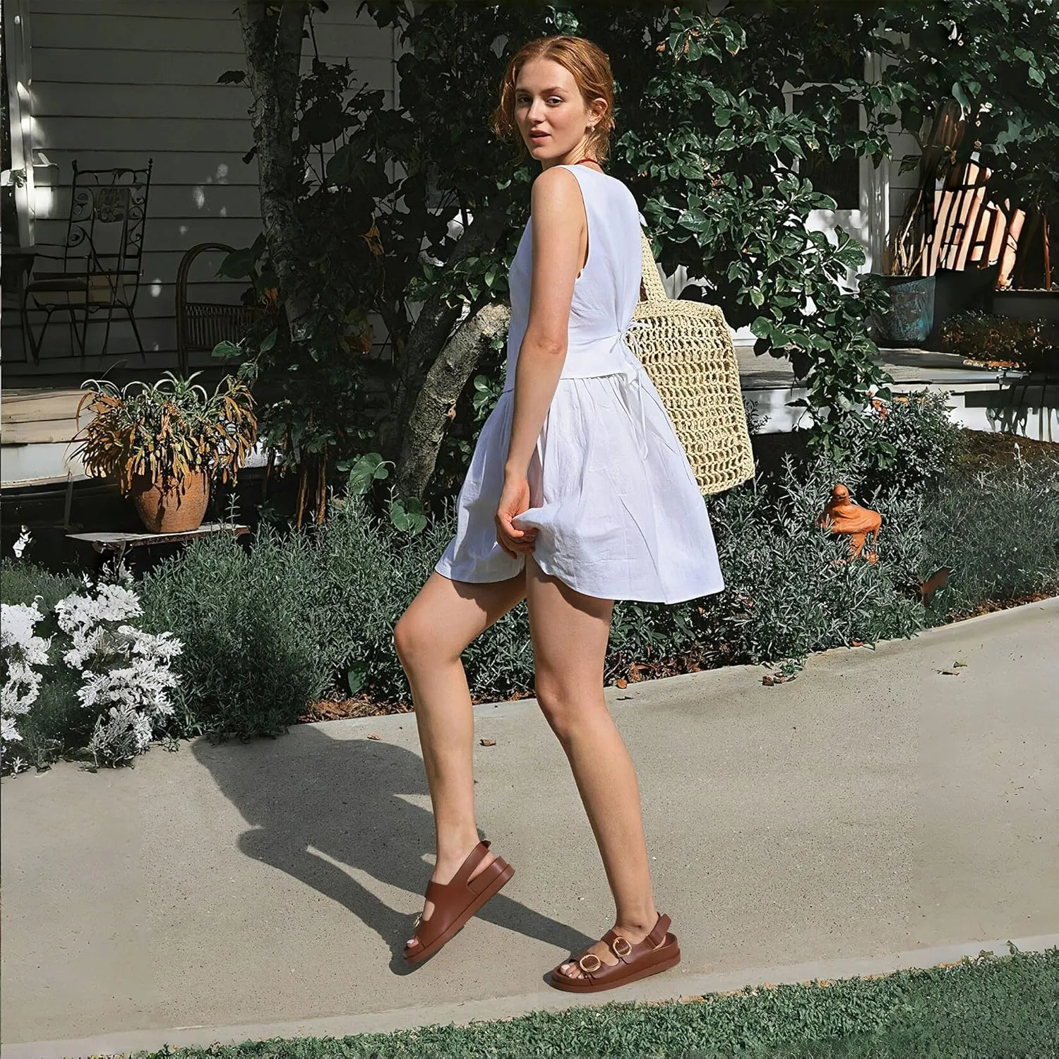 Lovee Cosee Flat Sandals for Women with Cushioned Footbed Open Toe Double Buckle Adjustable Hook-Loop Dress Summer Sandals Casual Beach Pool Party