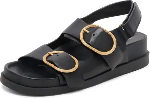Lovee Cosee Flat Sandals for Women with Cushioned Footbed Open Toe Double Buckle Adjustable Hook-Loop Dress Summer Sandals Casual Beach Pool Party