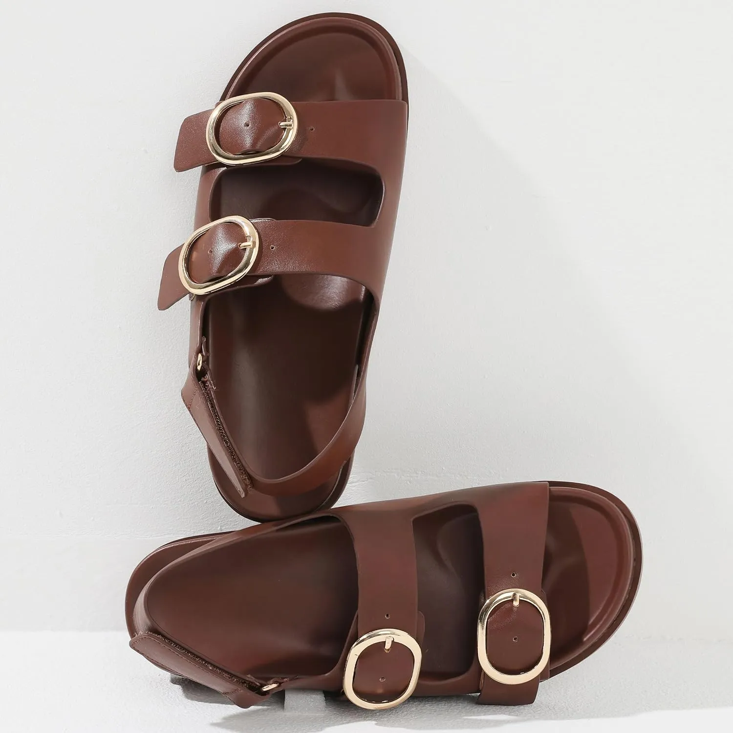 Lovee Cosee Flat Sandals for Women with Cushioned Footbed Open Toe Double Buckle Adjustable Hook-Loop Dress Summer Sandals Casual Beach Pool Party