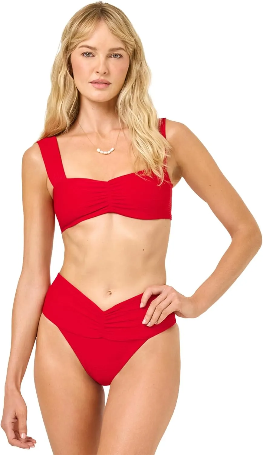 L*Space Eco Chic Econyl Bardot Bikini Bottom for Women, High Waisted Bottom, Classic Coverage, Ribbed Front & Back Ruching