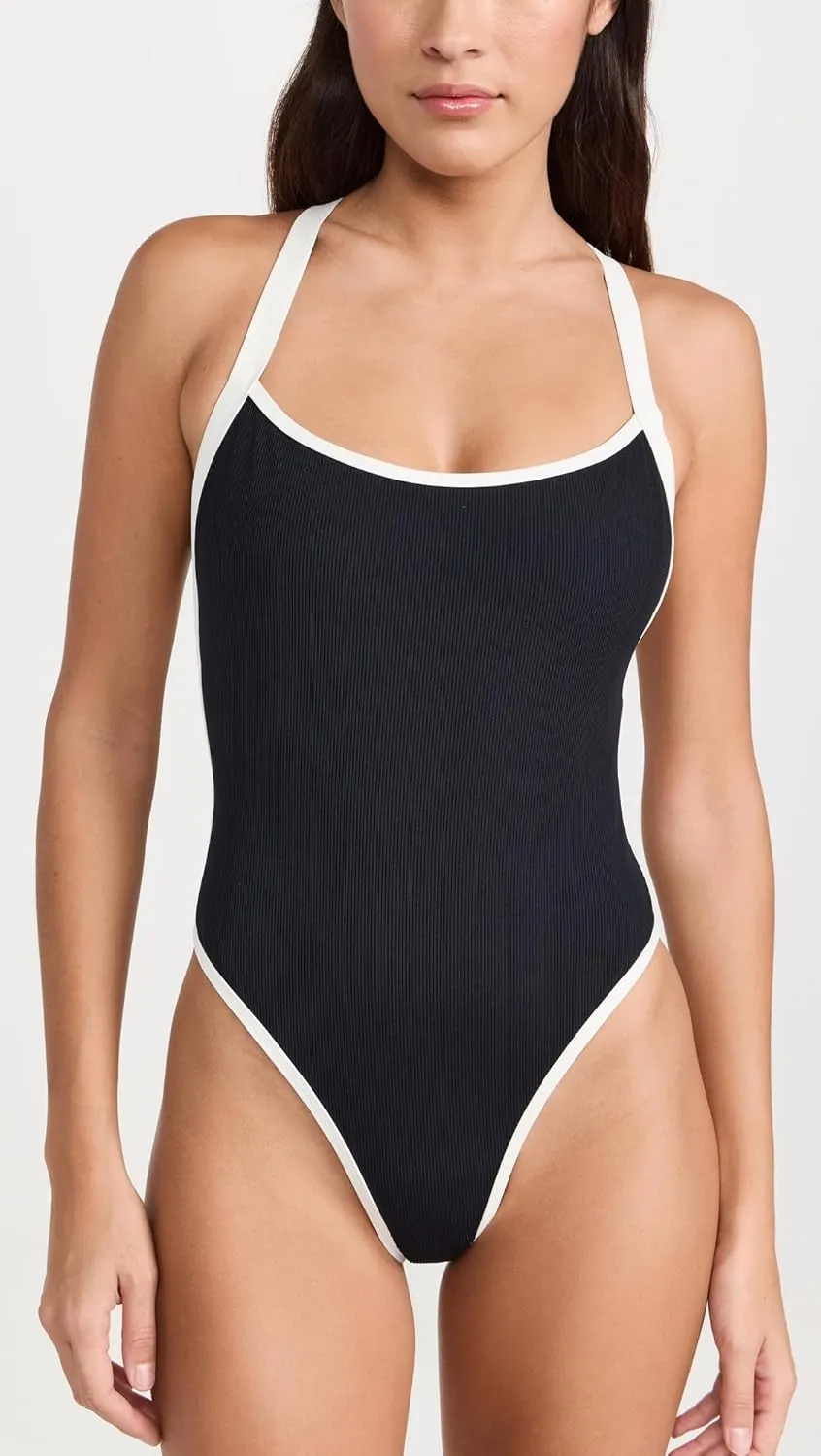 L*Space Ribbed Baewatch One Piece Swimsuit for Women, Classic Coverage, Low Back with Criss Cross Straps & Scoop Neck