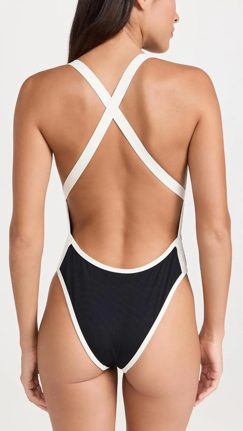 L*Space Ribbed Baewatch One Piece Swimsuit for Women, Classic Coverage, Low Back with Criss Cross Straps & Scoop Neck