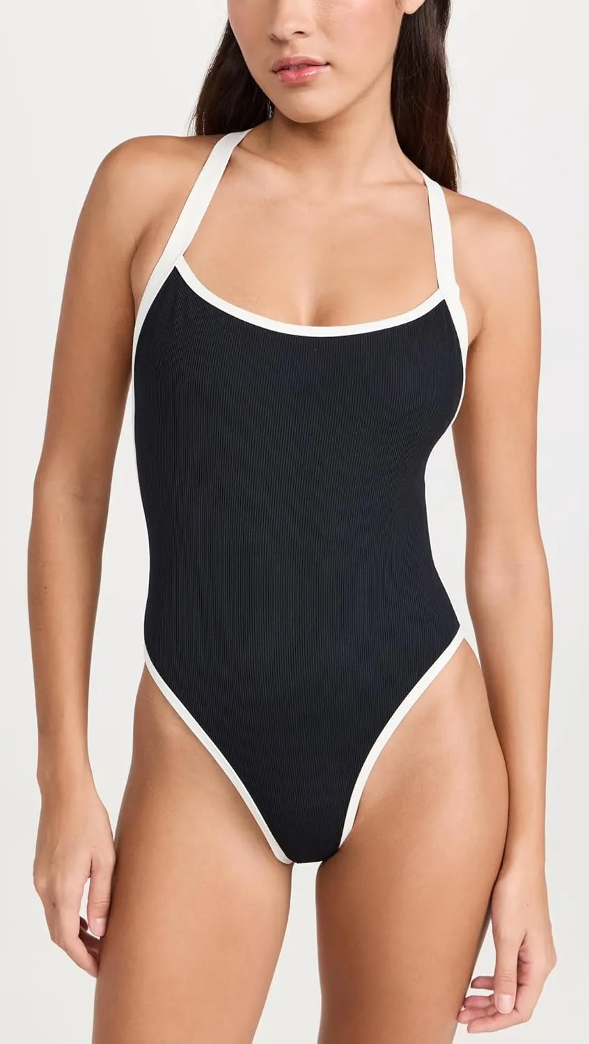 L*Space Ribbed Baewatch One Piece Swimsuit for Women, Classic Coverage, Low Back with Criss Cross Straps & Scoop Neck