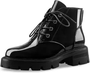 Lug Sole Chunky Heel Short Combat Boots Fashion Ankle Booties Low Heeled Platform Black Oxford Shoes with Side Zipper and Lace Up for Women Ladies Cute