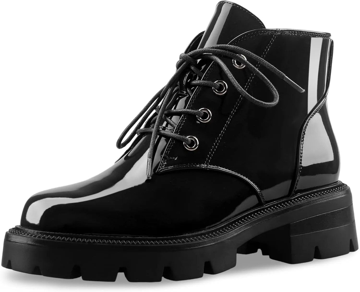 Lug Sole Chunky Heel Short Combat Boots Fashion Ankle Booties Low Heeled Platform Black Oxford Shoes with Side Zipper and Lace Up for Women Ladies Cute