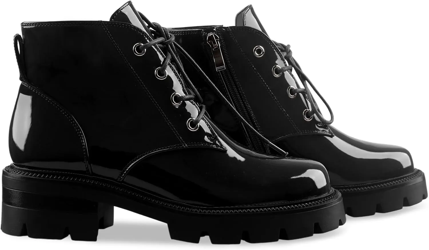 Lug Sole Chunky Heel Short Combat Boots Fashion Ankle Booties Low Heeled Platform Black Oxford Shoes with Side Zipper and Lace Up for Women Ladies Cute