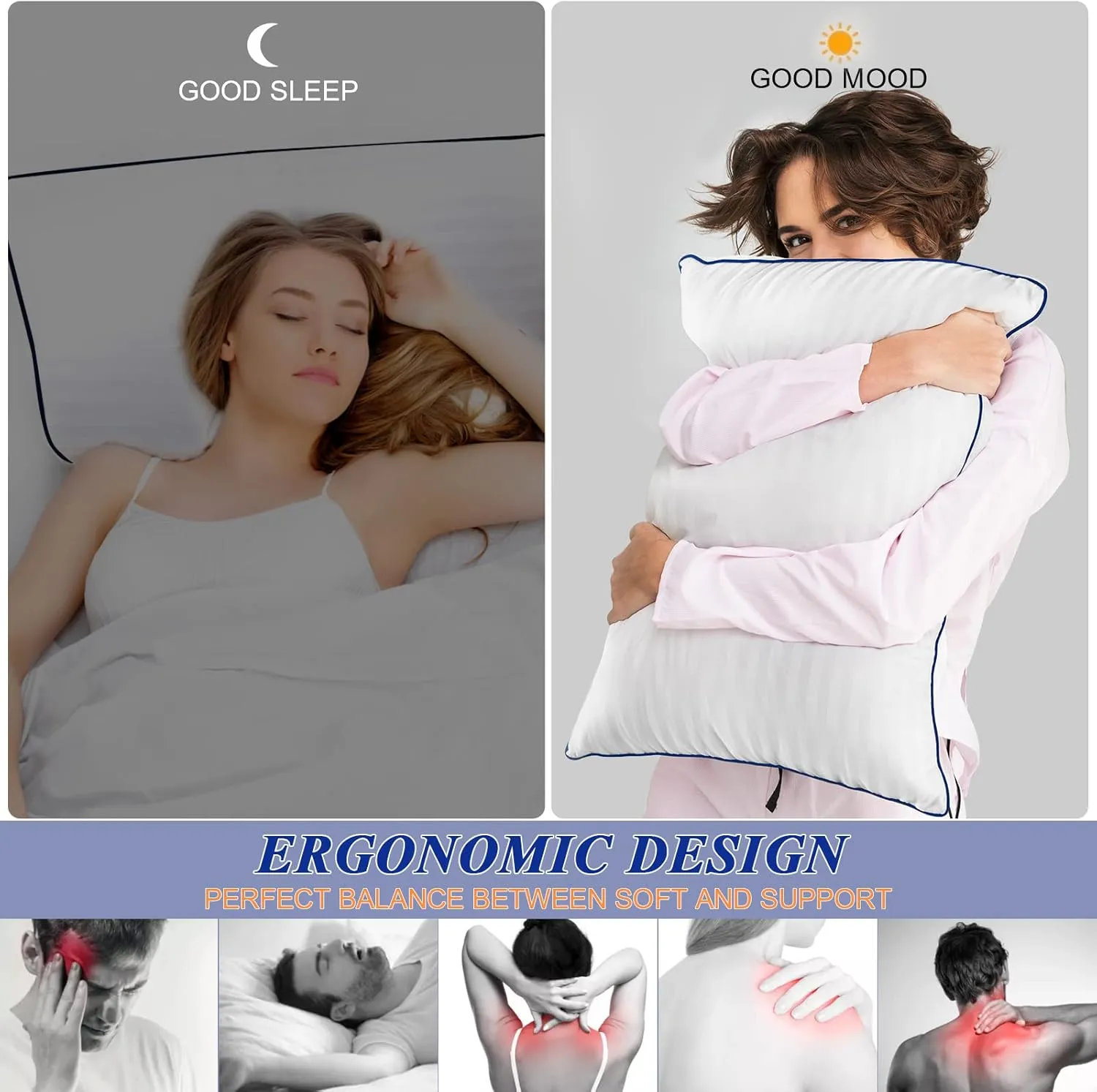 Luxury Hotel Bed Pillows for Sleeping, Standard/Full Size Set of 2 with Firm & Soft Density, Comfortable Down Alternative Fill for Side and Back Sleepers