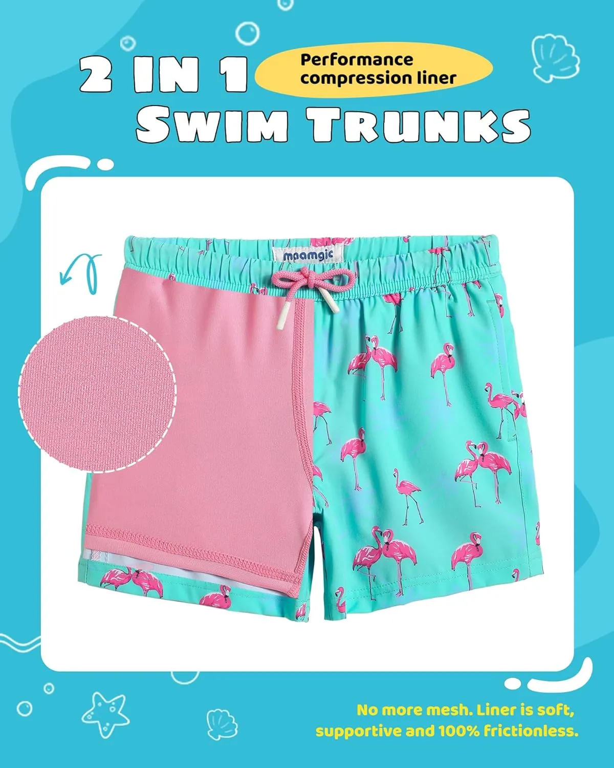 maamgic Boys Swim Trunks with Compression Liner Toddler Stretch Swim Shorts