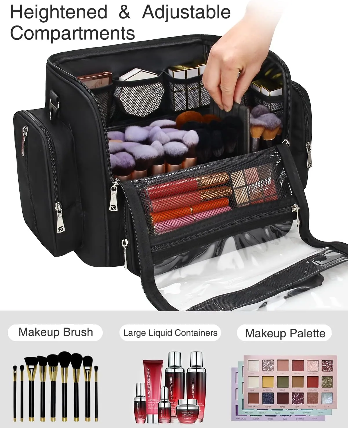 Makeup Brush Bag, Clear Makeup Brush Holder with Lid, Extra Large Capacity Travel Cosmetic Bag Makeup Artist Must Haves, Black Makeup Case, Make Up Organizers and Storage, with Adjustable Dividers