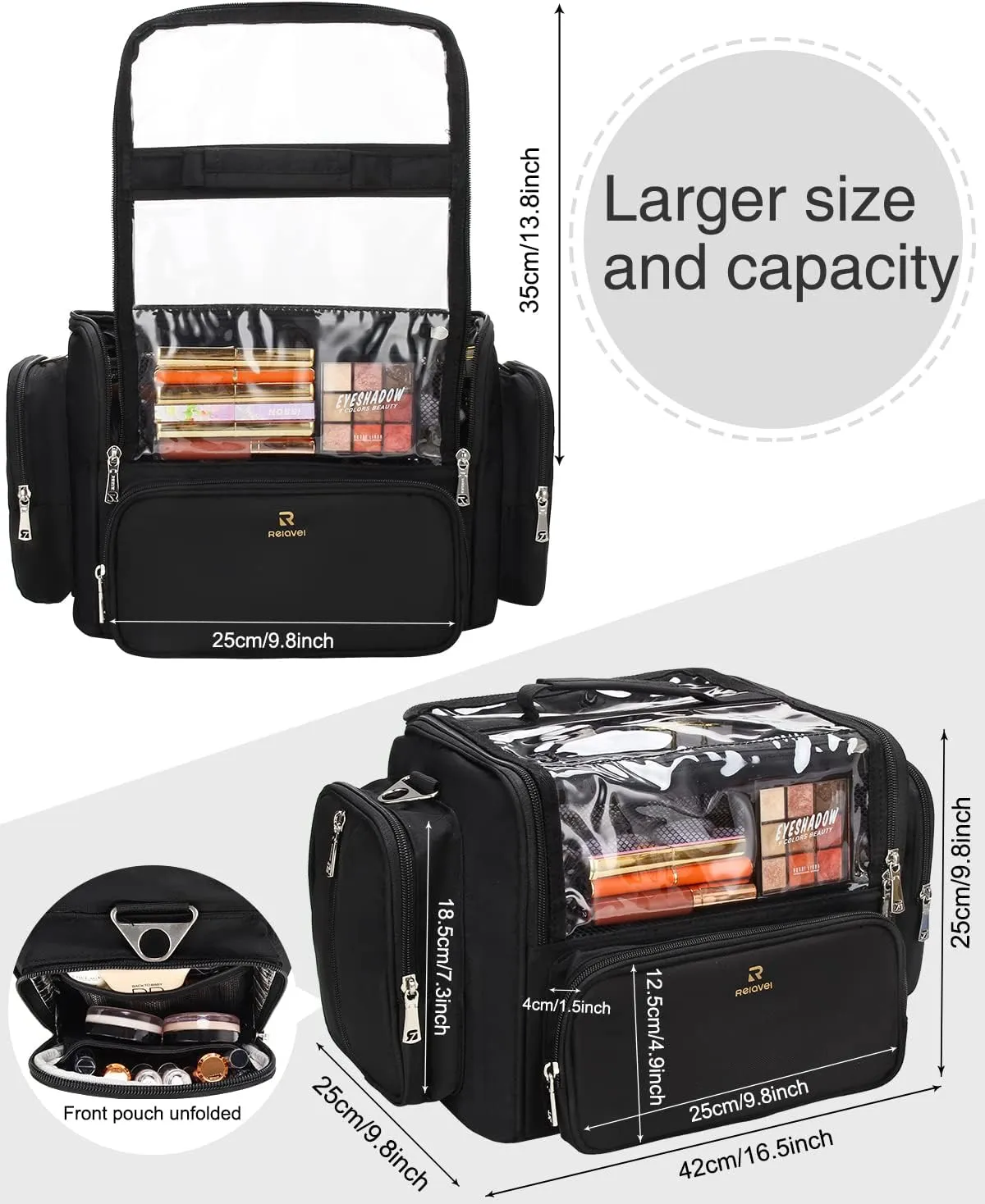 Makeup Brush Bag, Clear Makeup Brush Holder with Lid, Extra Large Capacity Travel Cosmetic Bag Makeup Artist Must Haves, Black Makeup Case, Make Up Organizers and Storage, with Adjustable Dividers