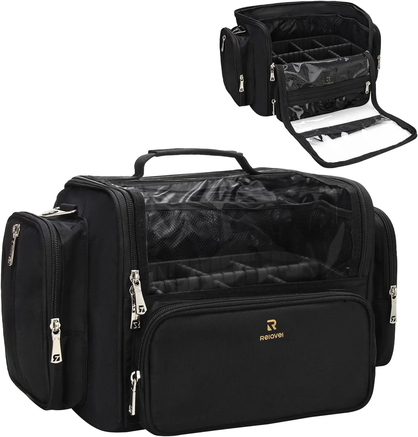 Makeup Brush Bag, Makeup Artist Must Haves, Professional Travel Makeup Brush Case, Extra Large Stand Up Make Up Brush Holder Makeup Organizer, Full Open With Compartments and Shoulder Strap