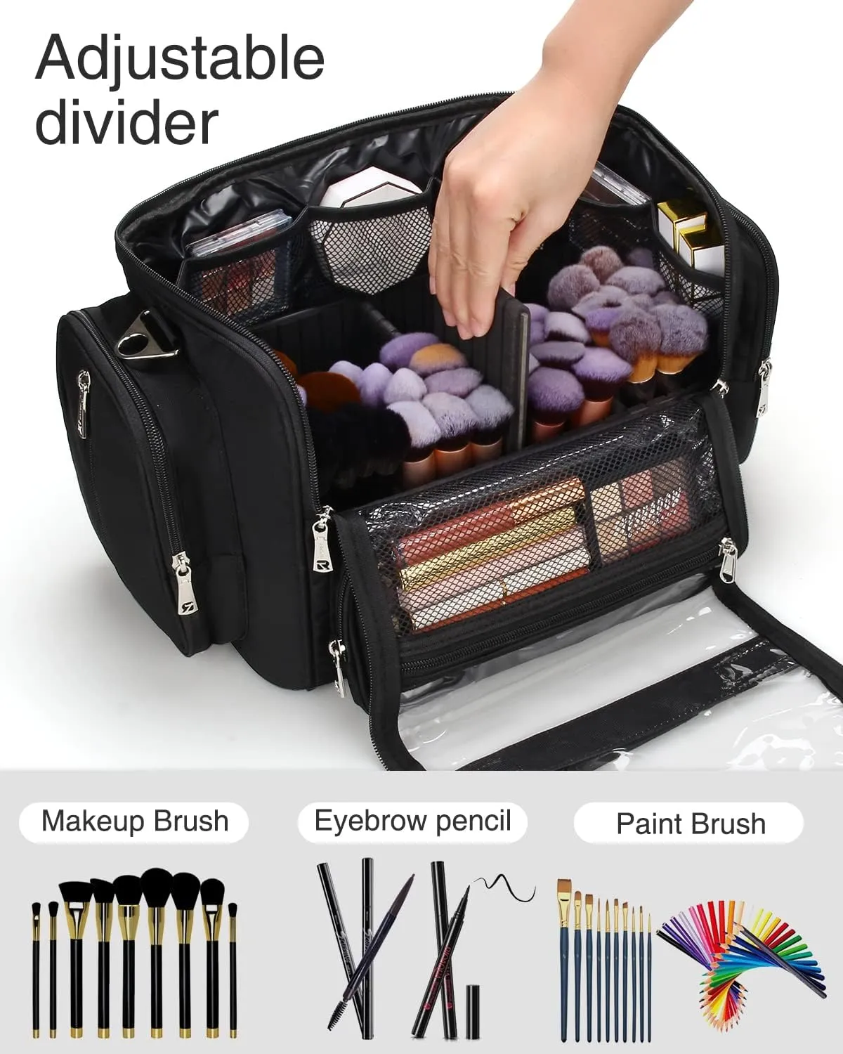 Makeup Brush Bag, Makeup Artist Must Haves, Professional Travel Makeup Brush Case, Extra Large Stand Up Make Up Brush Holder Makeup Organizer, Full Open With Compartments and Shoulder Strap