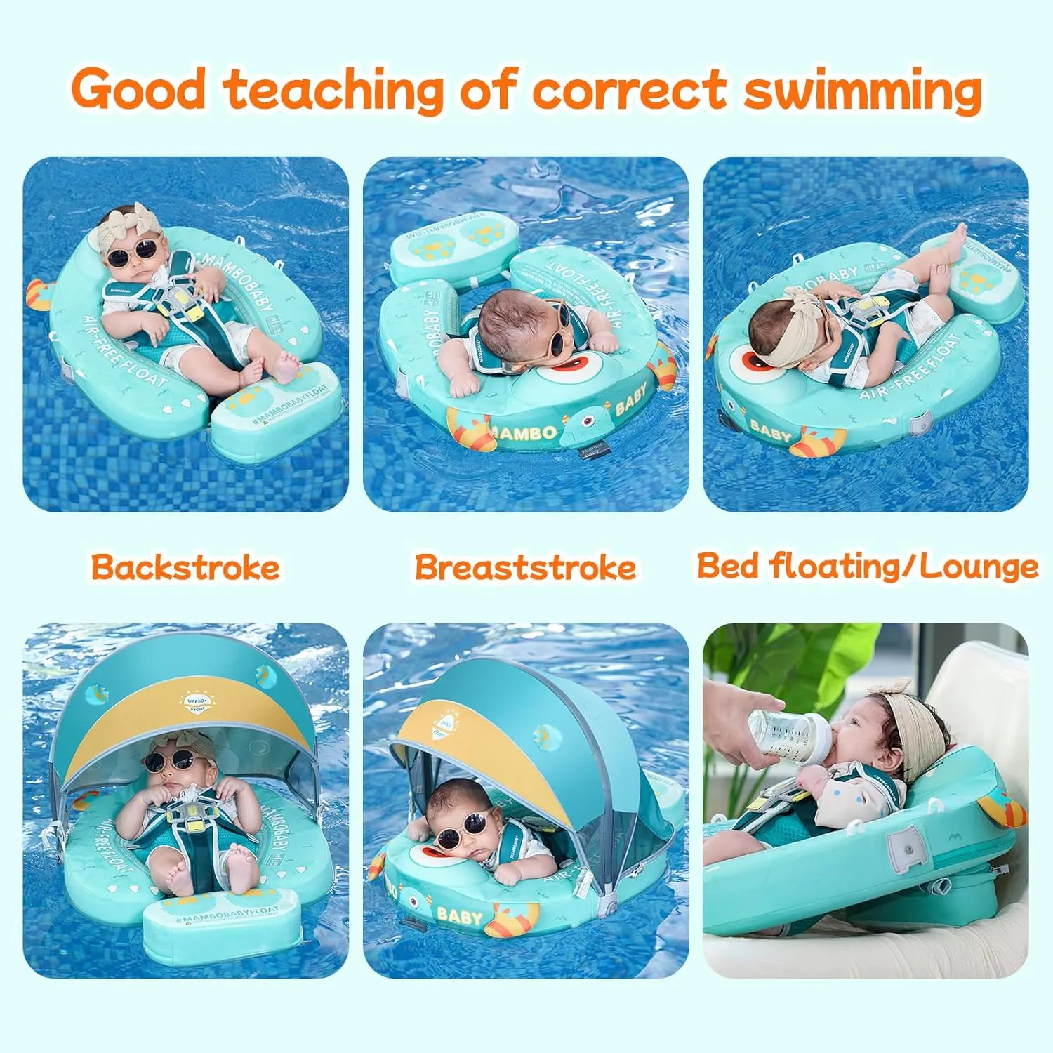 Mambobaby Float with Canopy & Portable Backpack Skin-friendly Baby Swim Float with Tail Waterproof Non-Inflatable Mambo Float Smart Swim Trainer Soft Solid Infant Pool Float 3-24 months Baby Swim Ring
