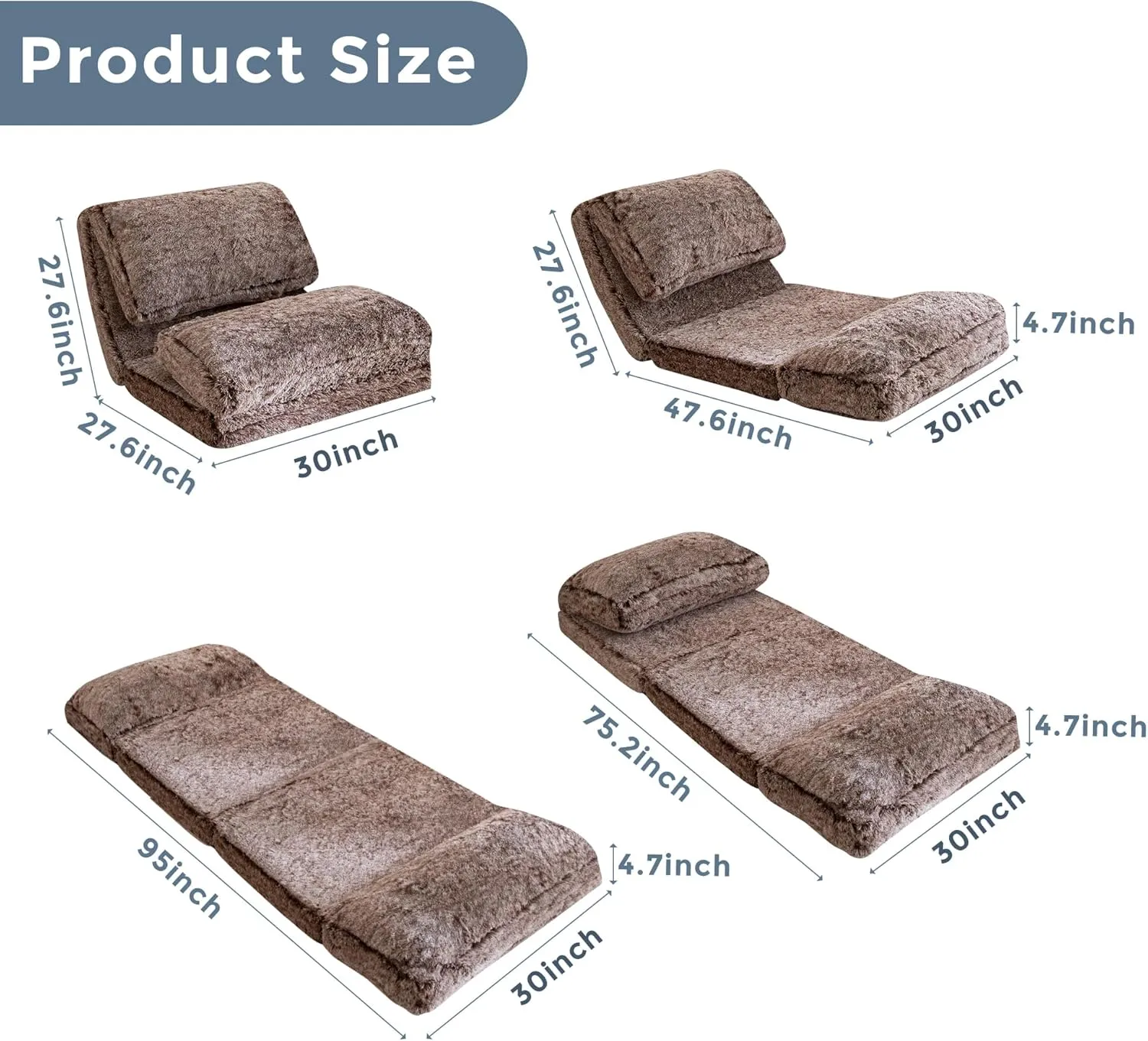 MAXYOYO Bean Bag Bed Floor Bed, Faux Fur Floor Sofa Floor Chairs for Adults, Folding Sofa Bed Foam Filling Wall Couch Sleeper Chairs Single Size Floor Mattress, Coffee, 30x95 Inch