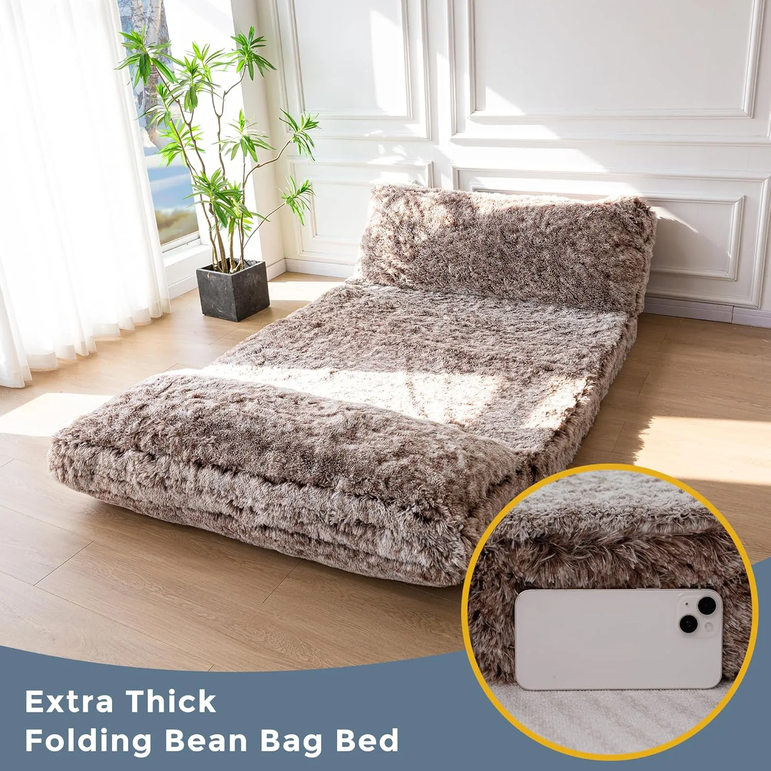 MAXYOYO Bean Bag Bed Floor Bed, Faux Fur Floor Sofa Floor Chairs for Adults, Folding Sofa Bed Foam Filling Wall Couch Sleeper Chairs Single Size Floor Mattress, Coffee, 30x95 Inch