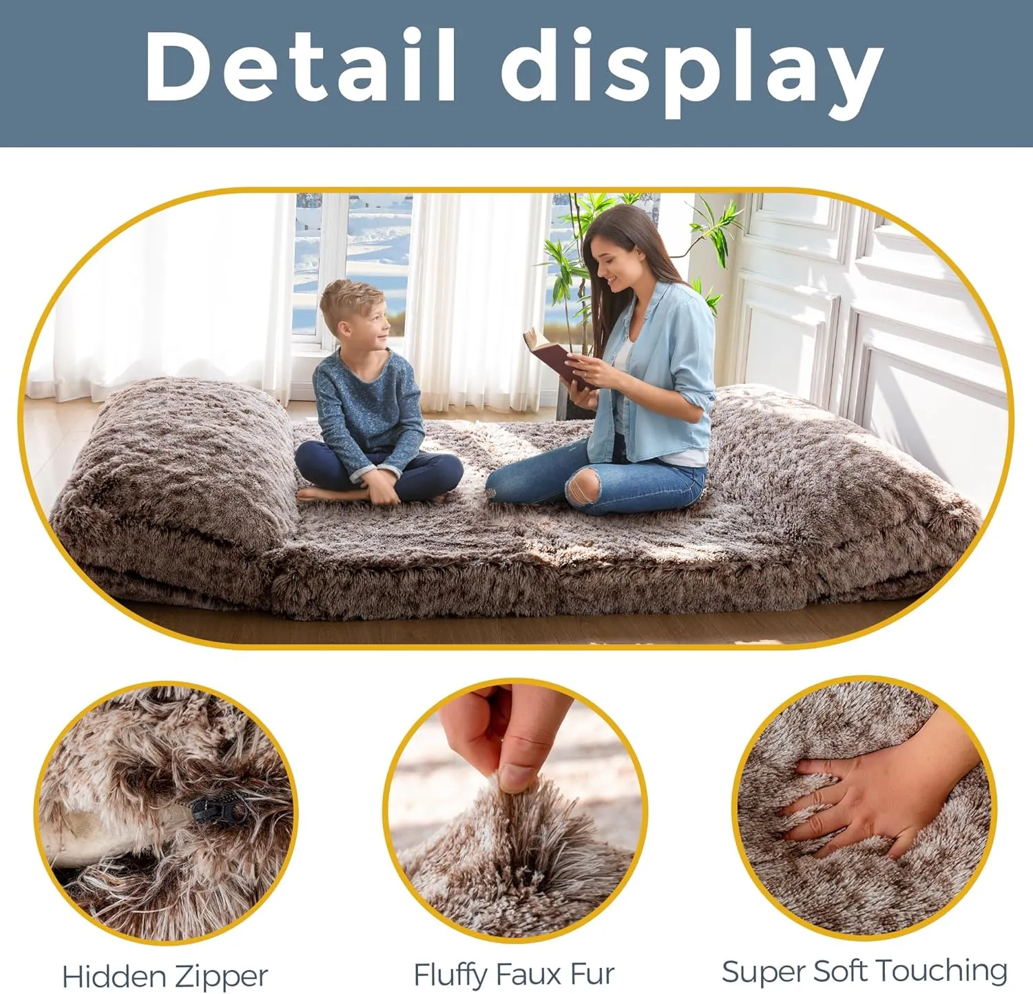 MAXYOYO Bean Bag Bed Floor Bed, Faux Fur Floor Sofa Floor Chairs for Adults, Folding Sofa Bed Foam Filling Wall Couch Sleeper Chairs Single Size Floor Mattress, Coffee, 30x95 Inch