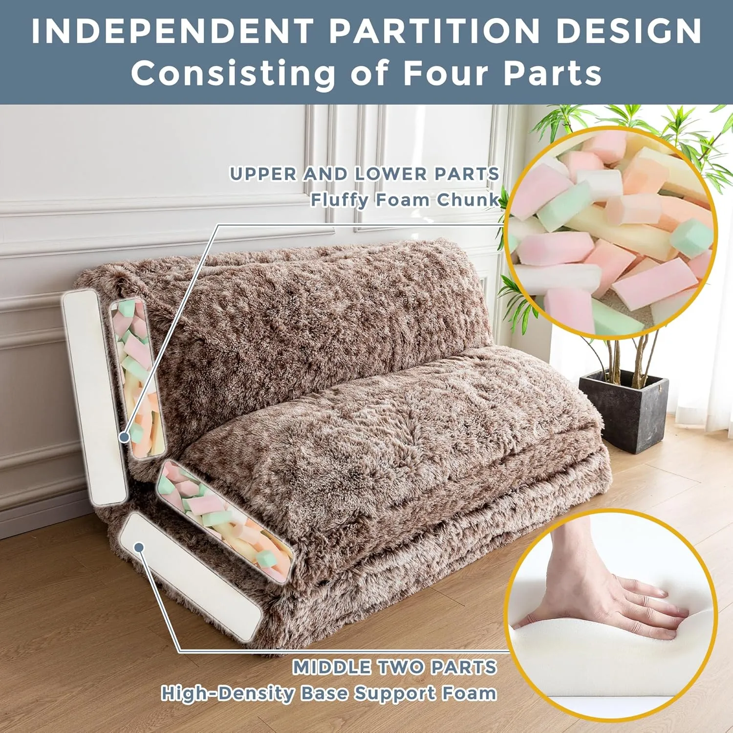 MAXYOYO Bean Bag Bed Floor Bed, Faux Fur Floor Sofa Floor Chairs for Adults, Folding Sofa Bed Foam Filling Wall Couch Sleeper Chairs Single Size Floor Mattress, Coffee, 30x95 Inch