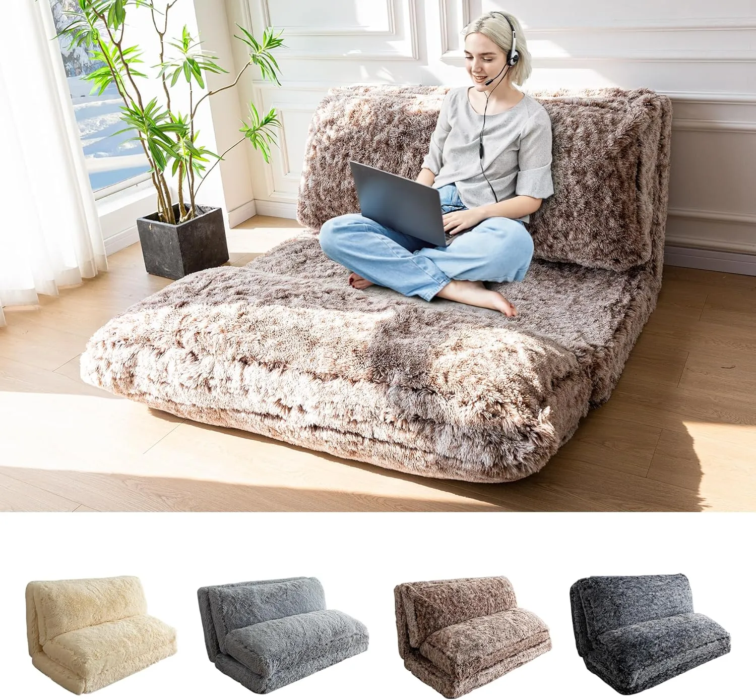 MAXYOYO Bean Bag Bed Floor Bed, Faux Fur Floor Sofa Floor Chairs for Adults, Folding Sofa Bed Foam Filling Wall Couch Sleeper Chairs Single Size Floor Mattress, Coffee, 30x95 Inch