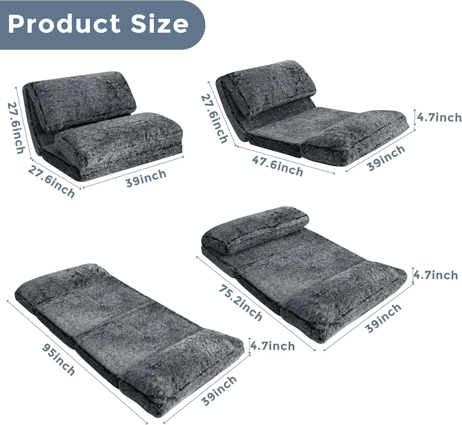 MAXYOYO Bean Bag Bed Floor Bed, Faux Fur Floor Sofa Floor Chairs for Adults, Folding Sofa Bed Foam Filling Wall Couch Sleeper Chairs Twin Size Floor Mattress, Black, 39x95 Inch