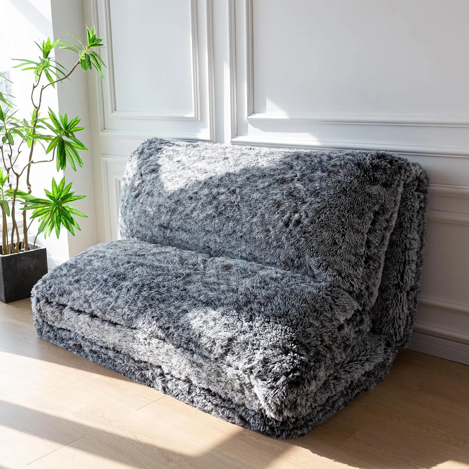 MAXYOYO Bean Bag Bed Floor Bed, Faux Fur Floor Sofa Floor Chairs for Adults, Folding Sofa Bed Foam Filling Wall Couch Sleeper Chairs Twin Size Floor Mattress, Black, 39x95 Inch