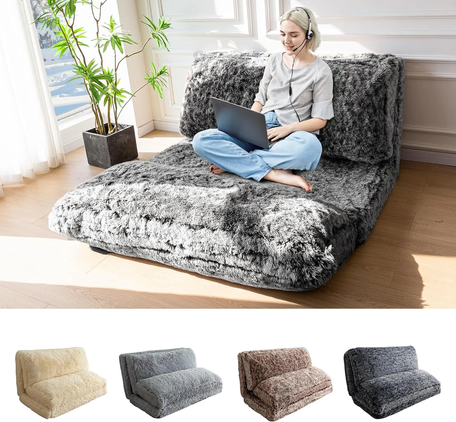 MAXYOYO Bean Bag Bed Floor Bed, Faux Fur Floor Sofa Floor Chairs for Adults, Folding Sofa Bed Foam Filling Wall Couch Sleeper Chairs Twin Size Floor Mattress, Black, 39x95 Inch