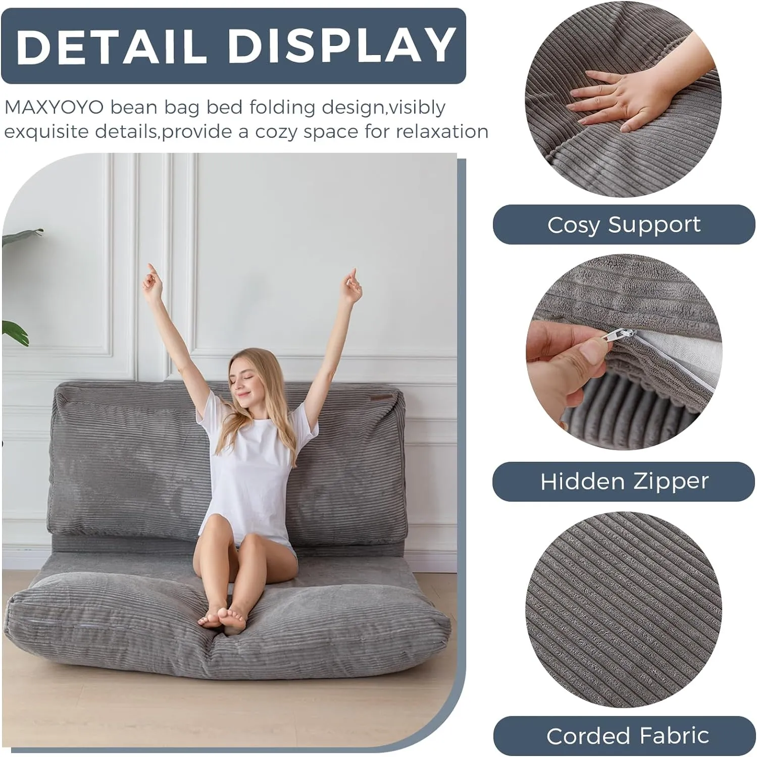 MAXYOYO Bean Bag Bed Folding Sofa Bed Floor Mattress for Adults, Extra Thick and Long Floor Sofa with Corded Washable Cover, Grey, 30x95 Inch