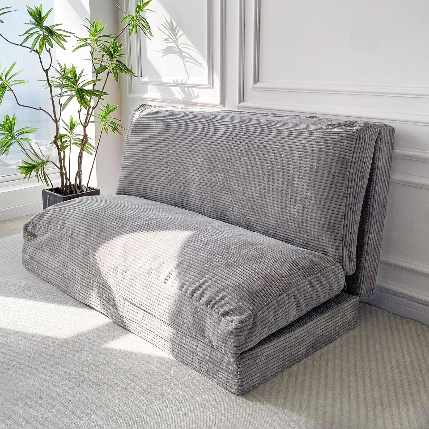 MAXYOYO Bean Bag Bed Folding Sofa Bed Floor Mattress for Adults, Extra Thick and Long Floor Sofa with Corded Washable Cover, Grey, 30x95 Inch