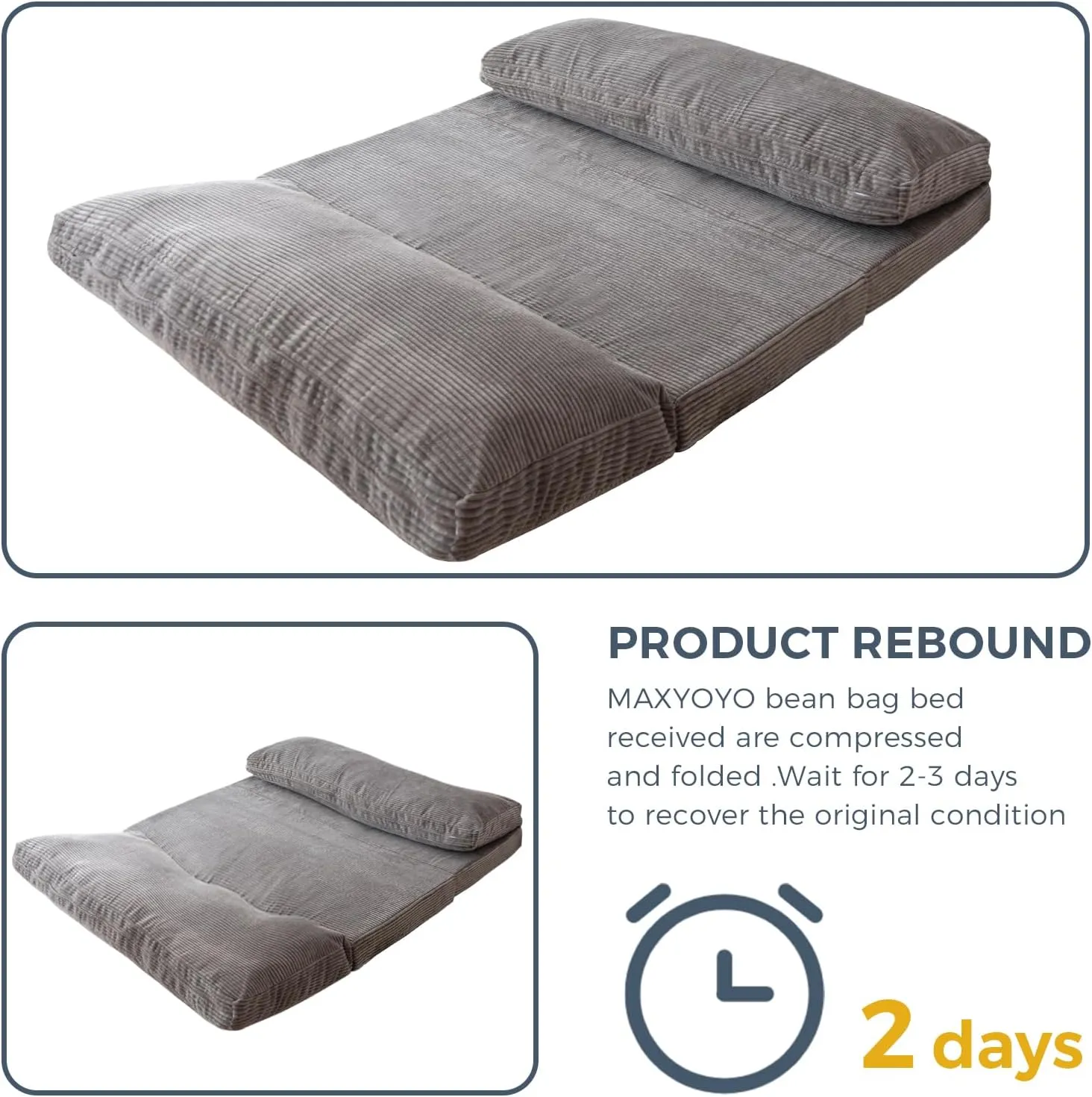 MAXYOYO Bean Bag Bed Folding Sofa Bed Floor Mattress for Adults, Extra Thick and Long Floor Sofa with Corded Washable Cover, Grey, 30x95 Inch