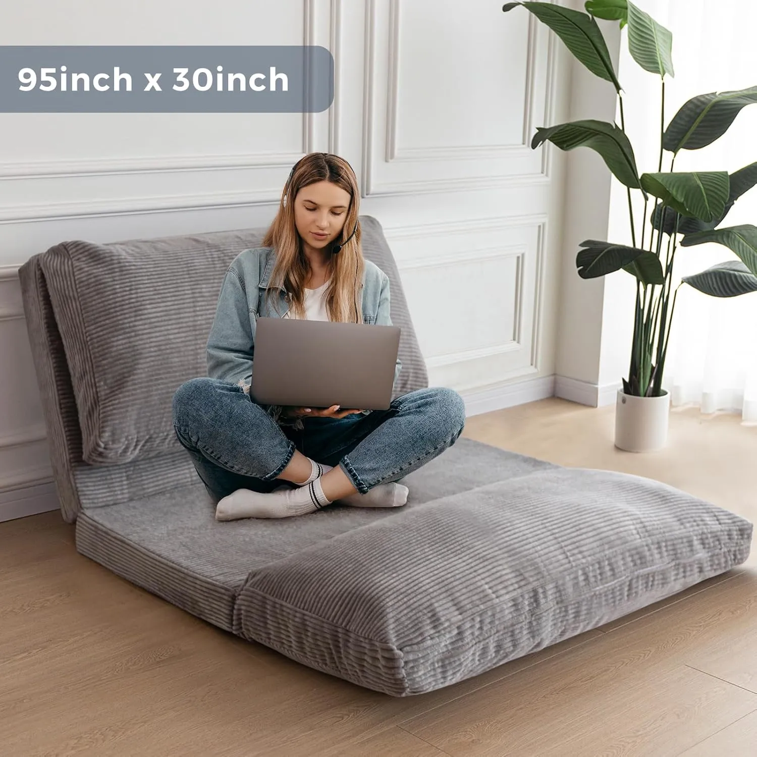 MAXYOYO Bean Bag Bed Folding Sofa Bed Floor Mattress for Adults, Extra Thick and Long Floor Sofa with Corded Washable Cover, Grey, 30x95 Inch