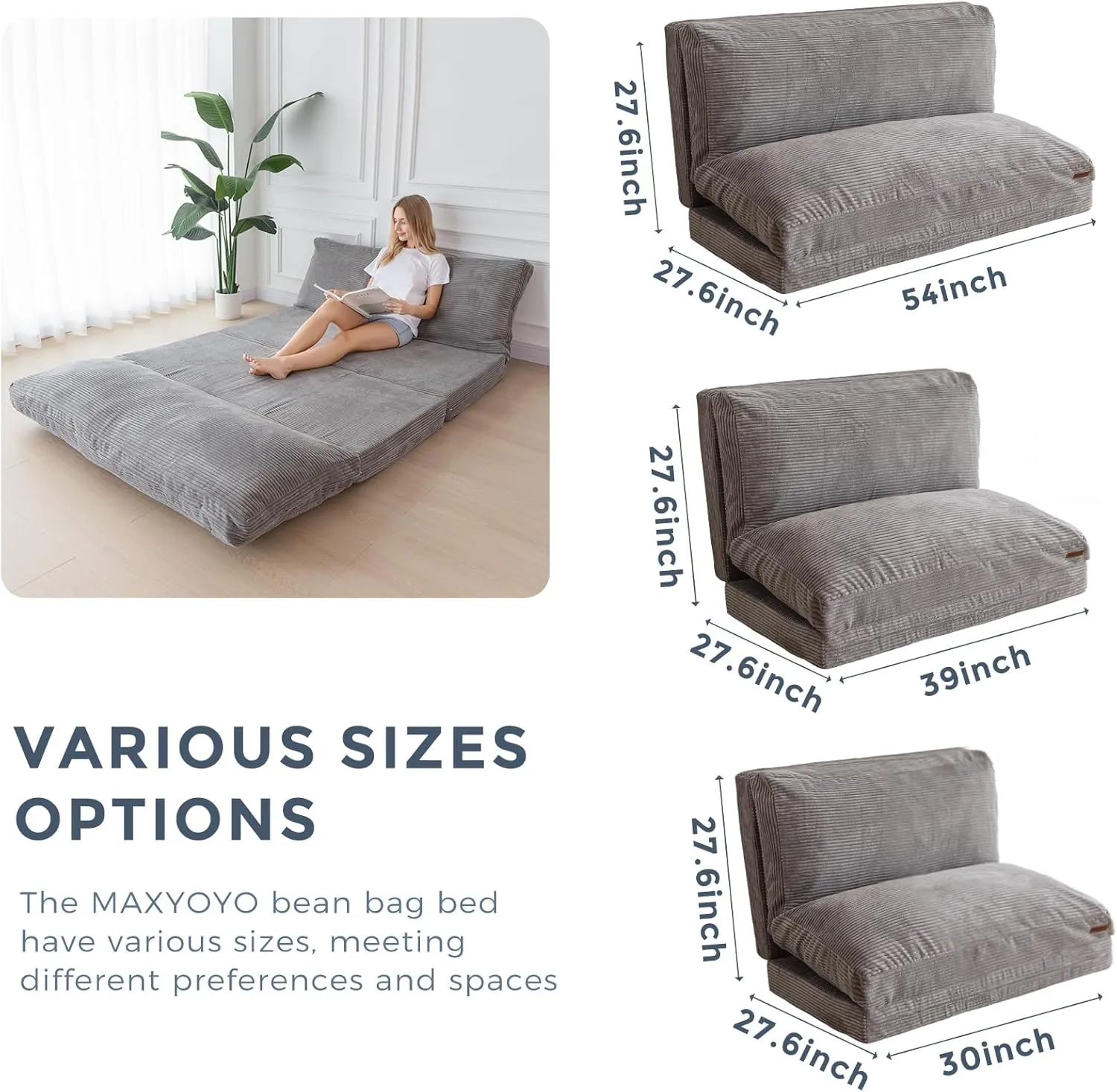 MAXYOYO Bean Bag Bed Folding Sofa Bed Floor Mattress for Adults, Extra Thick and Long Floor Sofa with Corded Washable Cover, Grey, 30x95 Inch