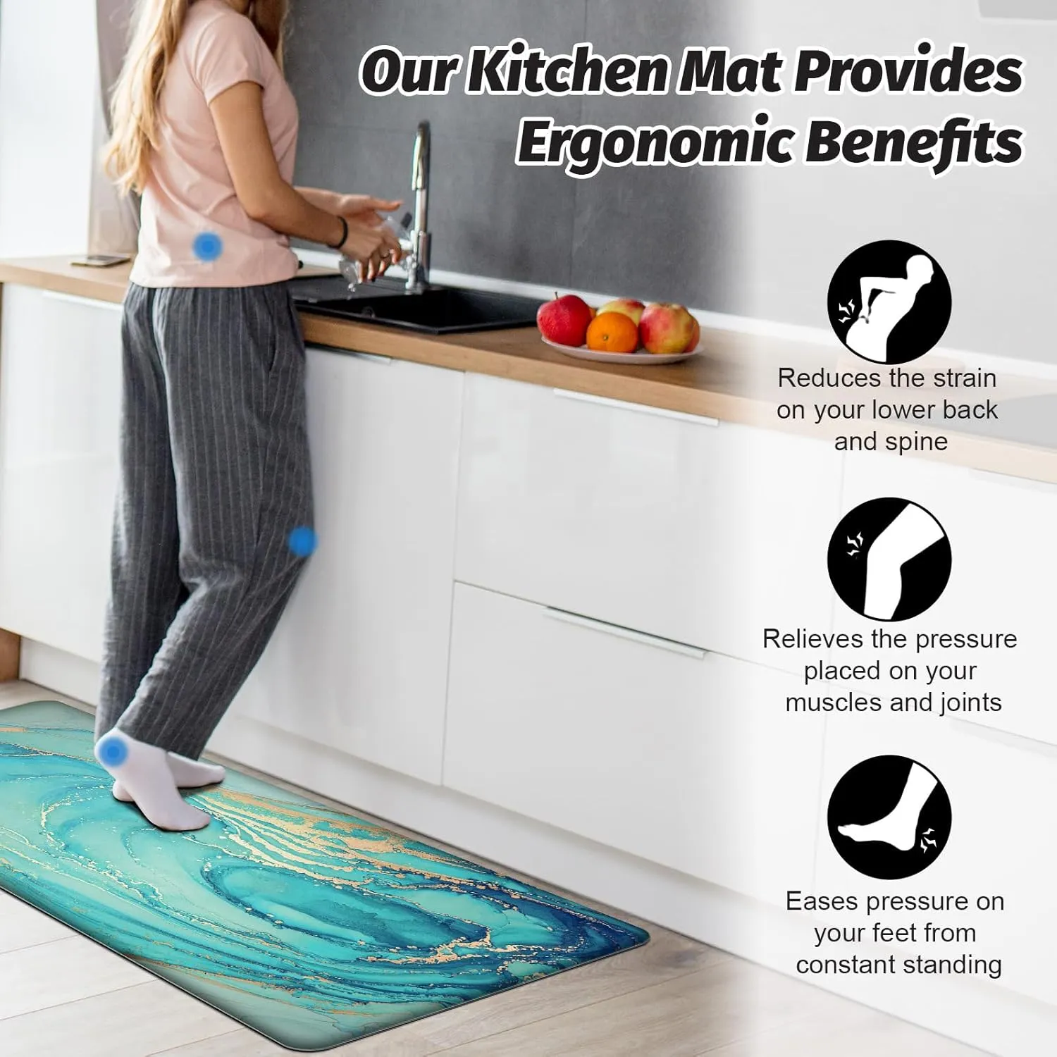 MAYHMYO Kitchen Rugs and Mats Set of 2 Teal Marble Gold Anti Fatigue Mat PVC Non Slip Turquoise Foam Cushioned Kitchen Mats for Floor Dining Room Home Office Sink Laundry