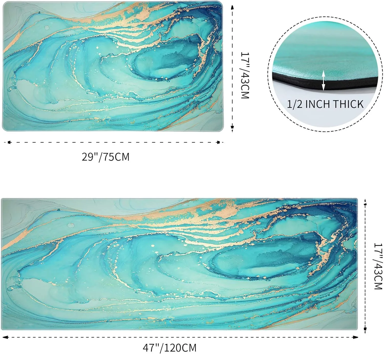 MAYHMYO Kitchen Rugs and Mats Set of 2 Teal Marble Gold Anti Fatigue Mat PVC Non Slip Turquoise Foam Cushioned Kitchen Mats for Floor Dining Room Home Office Sink Laundry