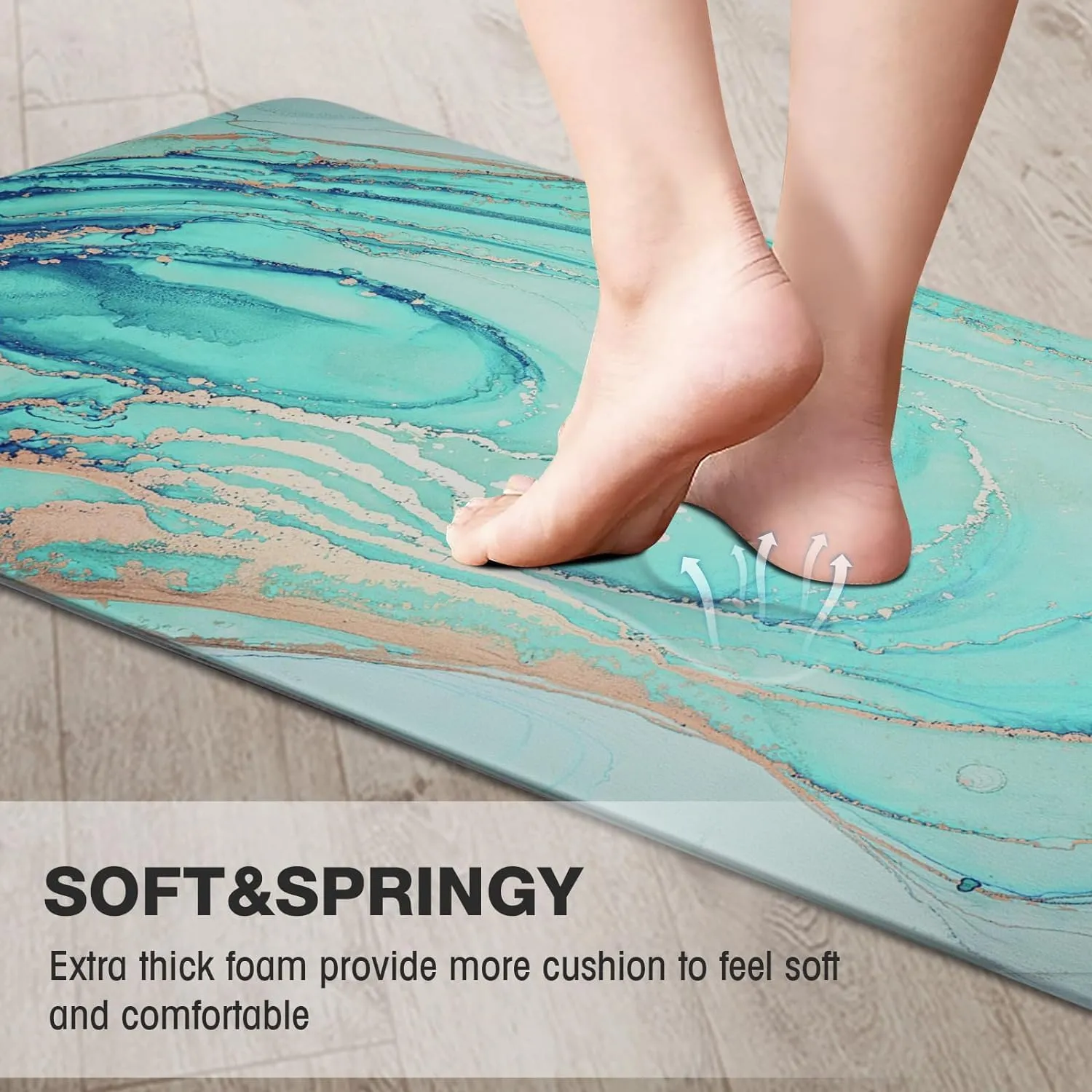 MAYHMYO Kitchen Rugs and Mats Set of 2 Teal Marble Gold Anti Fatigue Mat PVC Non Slip Turquoise Foam Cushioned Kitchen Mats for Floor Dining Room Home Office Sink Laundry