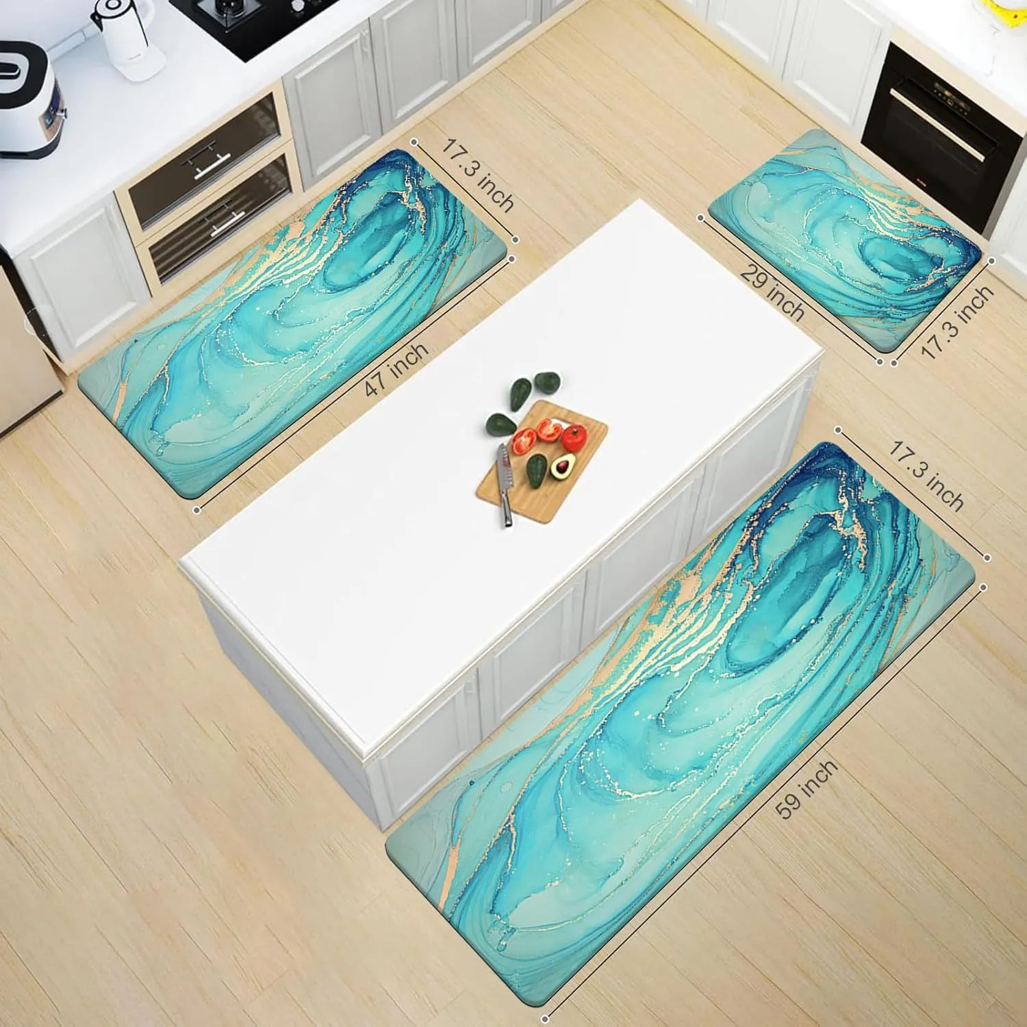 MAYHMYO Kitchen Rugs and Mats Set of 2 Teal Marble Gold Anti Fatigue Mat PVC Non Slip Turquoise Foam Cushioned Kitchen Mats for Floor Dining Room Home Office Sink Laundry