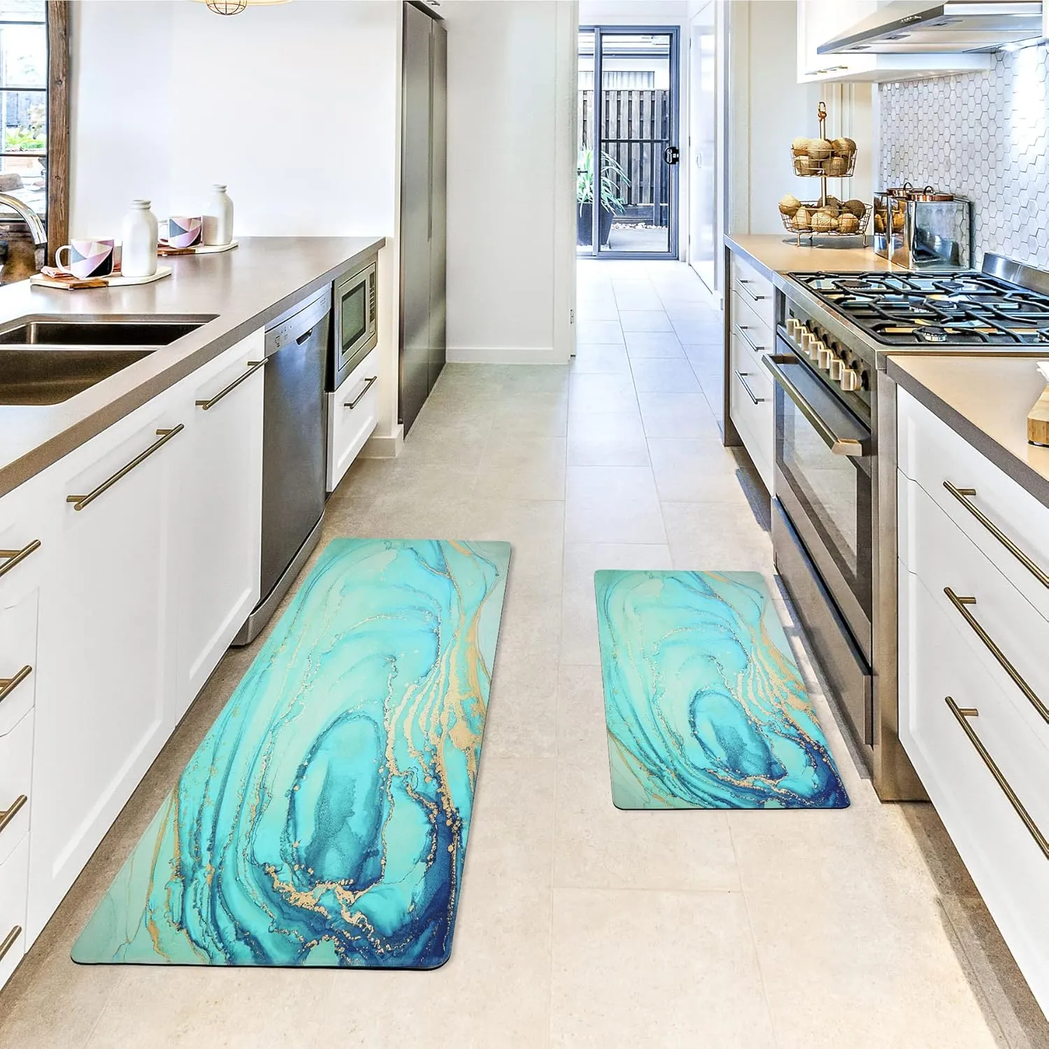 MAYHMYO Kitchen Rugs and Mats Set of 2 Teal Marble Gold Anti Fatigue Mat PVC Non Slip Turquoise Foam Cushioned Kitchen Mats for Floor Dining Room Home Office Sink Laundry
