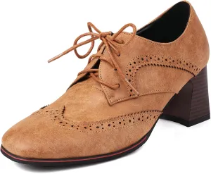 Meefit Women Lace Up Oxford Shoes Perforated Wingtip Shoes Chunky Heel Brogue Shoes,Round Toe Saddle Oxford Shoes
