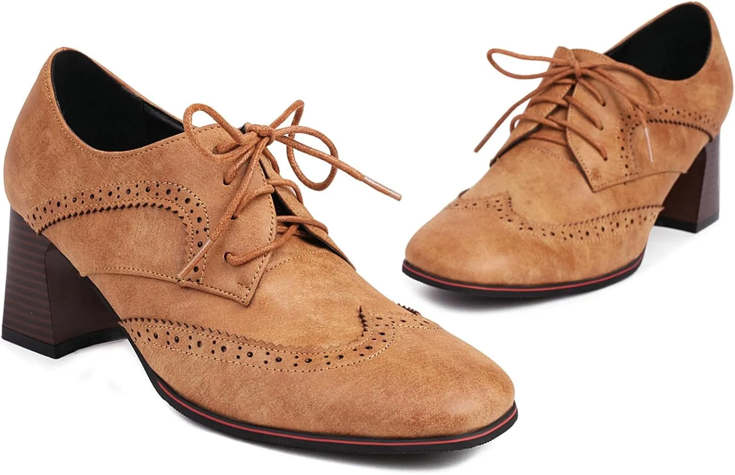Meefit Women Lace Up Oxford Shoes Perforated Wingtip Shoes Chunky Heel Brogue Shoes,Round Toe Saddle Oxford Shoes