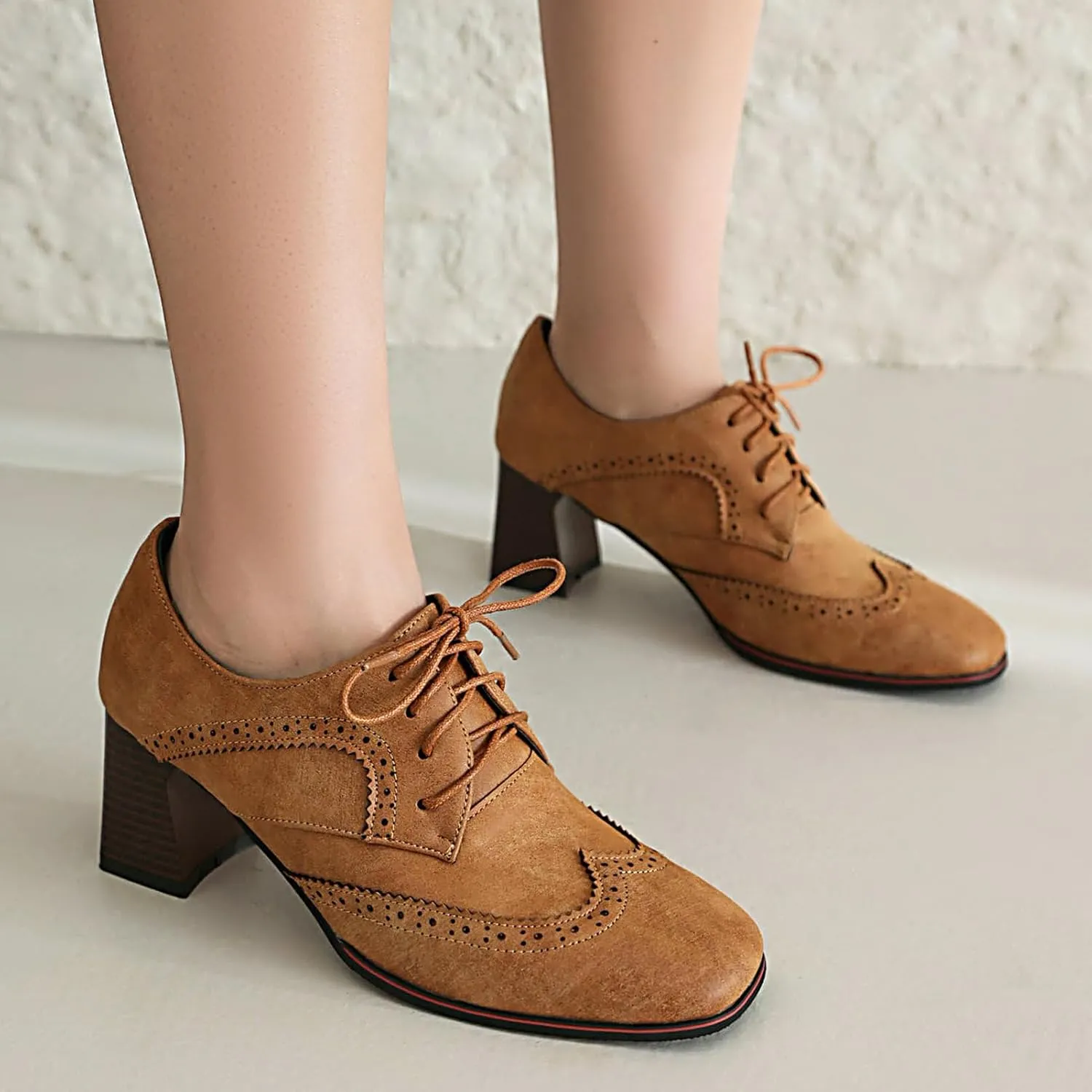 Meefit Women Lace Up Oxford Shoes Perforated Wingtip Shoes Chunky Heel Brogue Shoes,Round Toe Saddle Oxford Shoes