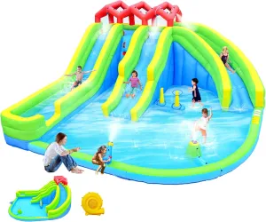 Mega Inflatable Water Slide, 17 Ft x 16.5 Ft Large Water Park, 3 Water Slides, Climbing Wall, Big Splash Pool, Water Gun, Ring Toss Game, Included Air Blower