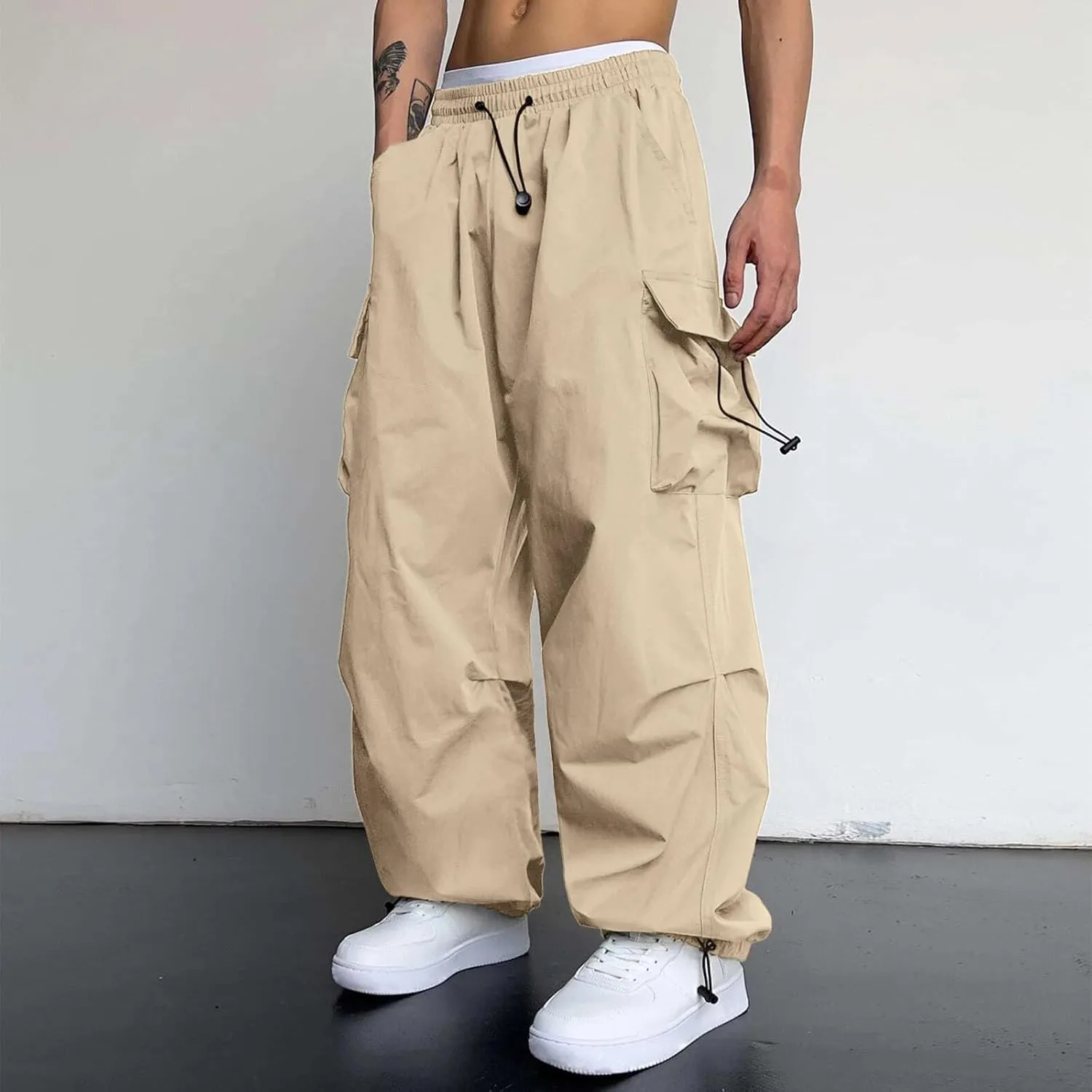 Men's Baggy Cargo Pants Casual Cotton Stretch Elastic Waist Pant Hiking Pant Multi Pockets