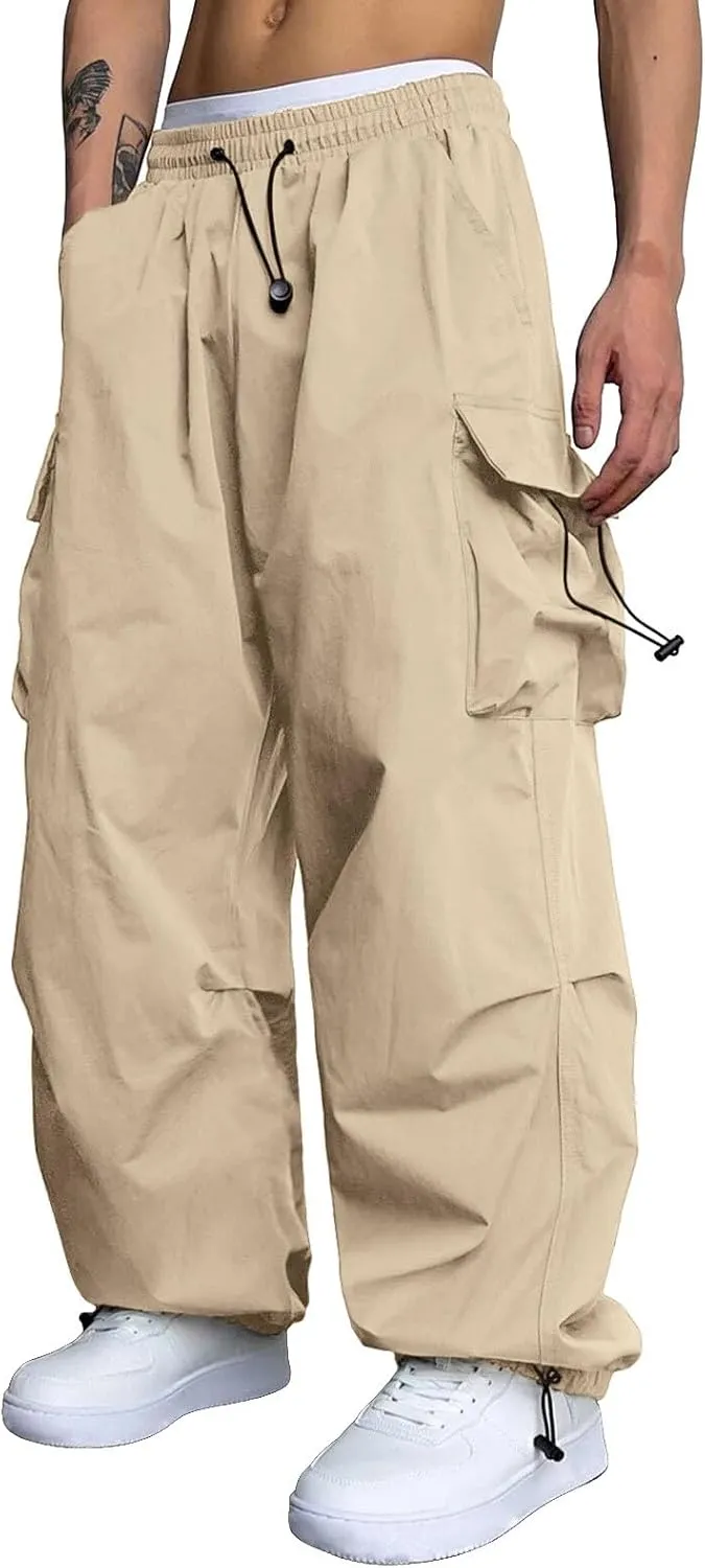 Men's Baggy Cargo Pants Casual Cotton Stretch Elastic Waist Pant Hiking Pant Multi Pockets