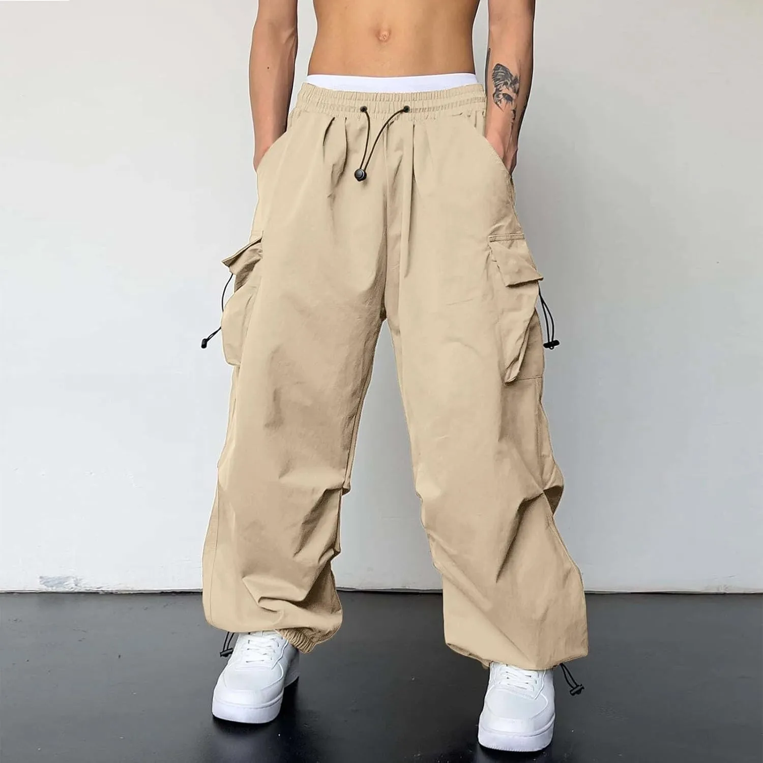 Men's Baggy Cargo Pants Casual Cotton Stretch Elastic Waist Pant Hiking Pant Multi Pockets