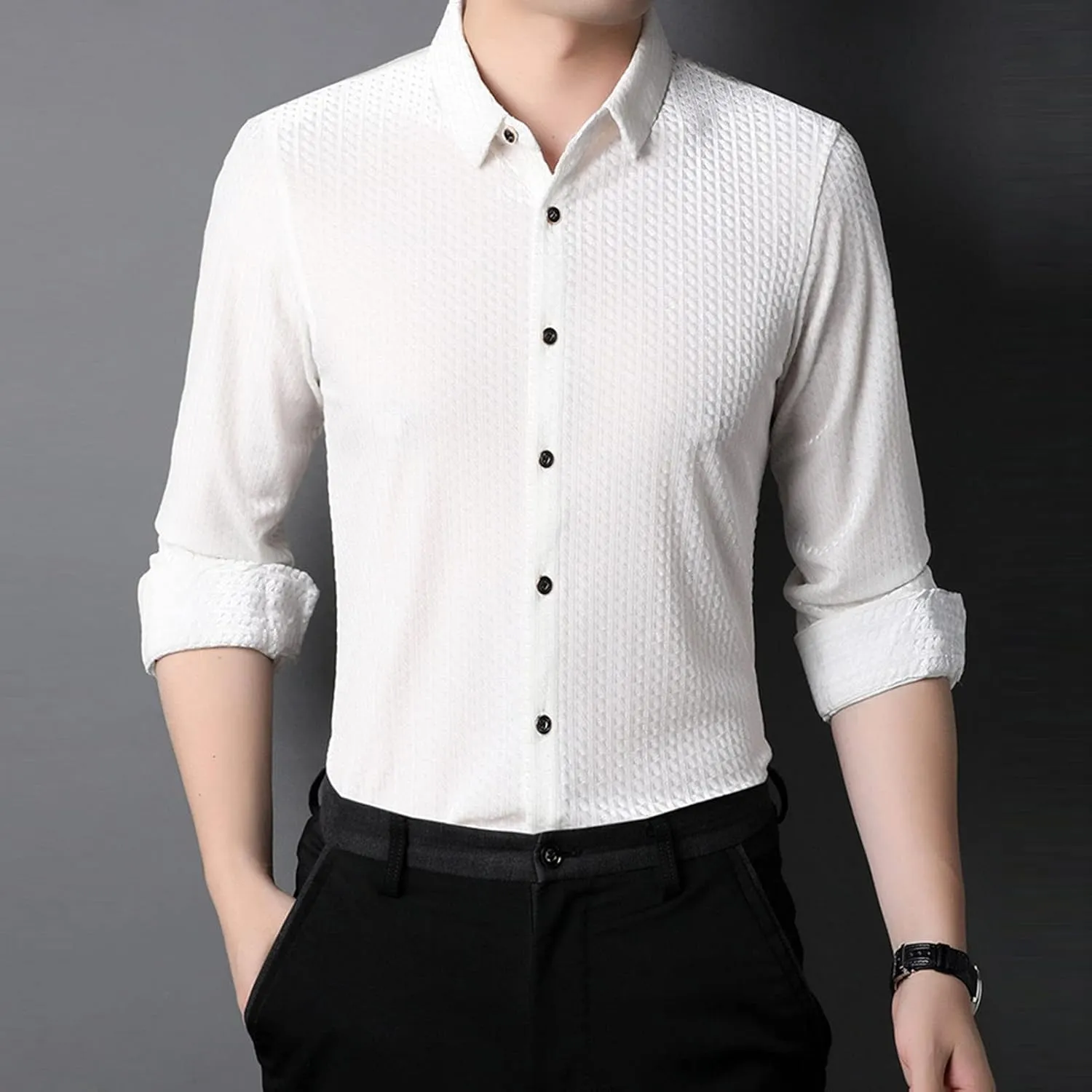 Men's Business Casual Velvet Long Sleeve Shirt Snap Buttons Vintage Shirt Suede Stretch Shirt Classic Ribbed