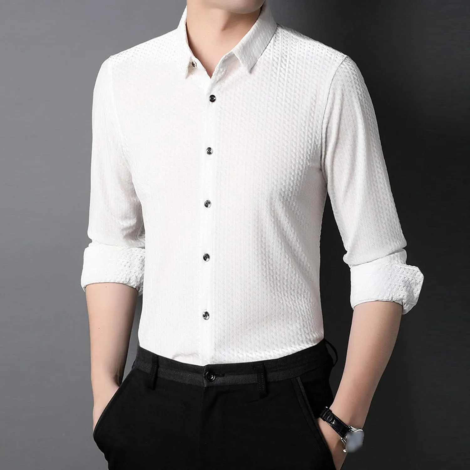 Men's Business Casual Velvet Long Sleeve Shirt Snap Buttons Vintage Shirt Suede Stretch Shirt Classic Ribbed