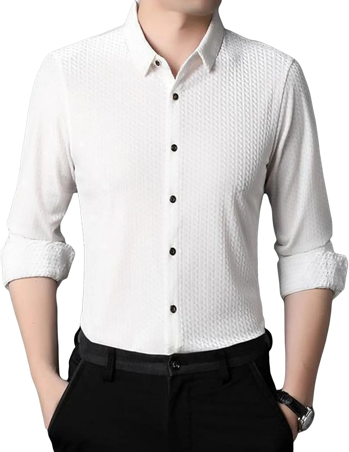 Men's Business Casual Velvet Long Sleeve Shirt Snap Buttons Vintage Shirt Suede Stretch Shirt Classic Ribbed