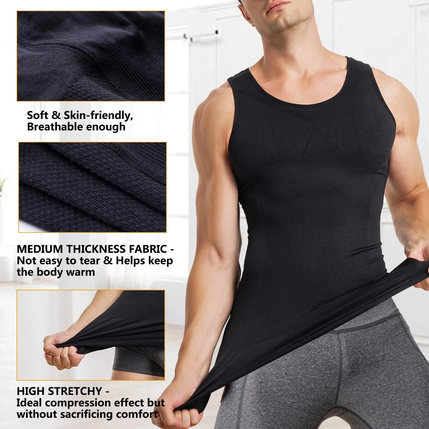 Mens Compression Shirt Slimming Body Shaper Vest Sleeveless Waist Trainer Workout Tank Top Tummy Control Shapewear