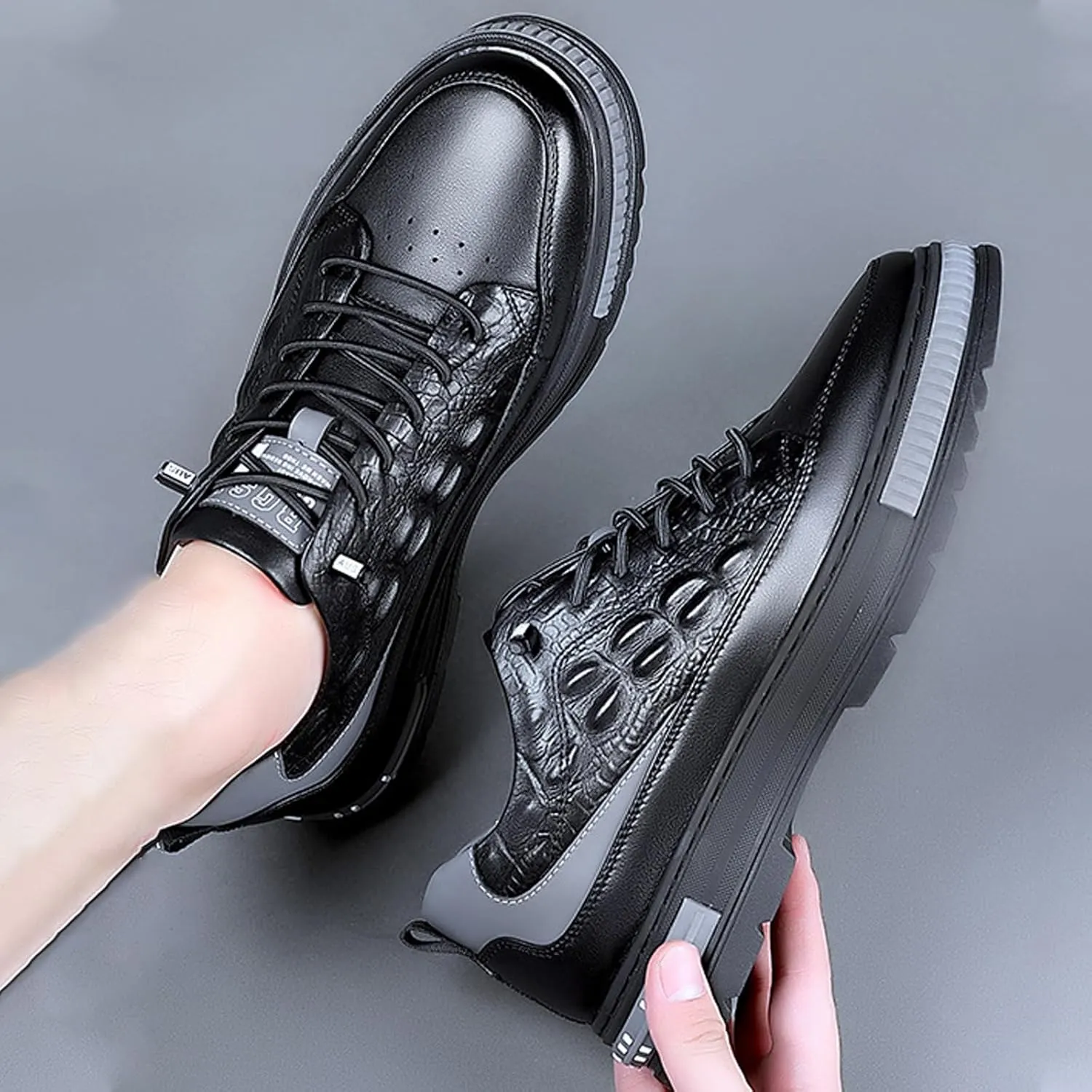 Men's Crocodile Pattern Waterproof Cowhide Shoes,Height Lifting Non-Slip Casual Softsole Oxford Fashion Leather Lace-Up Sneaker