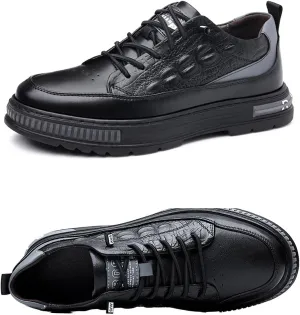 Men's Crocodile Pattern Waterproof Cowhide Shoes,Height Lifting Non-Slip Casual Softsole Oxford Fashion Leather Lace-Up Sneaker